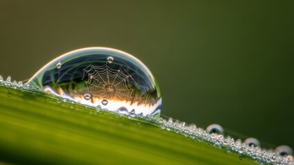 Dew Drop on Leaf with Reflected Spider Web in Morning Light