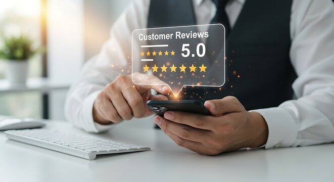Business Success and Growth: Corporate executive evaluating service performance through a digital touch interface with glowing stars and smileys