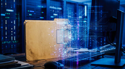 Digital transformation concept with traditional paper folder turning into glowing data pixels technology evolution business innovation background copy space information future
