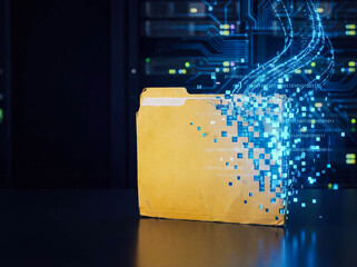 Digital transformation concept with traditional paper folder turning into glowing data pixels technology evolution business innovation background copy space information future