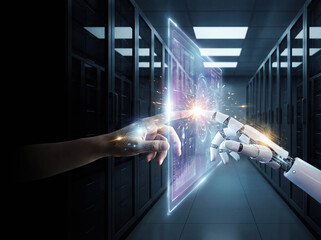 Artificial intelligence cooperation concept with human hand and robot hand touching digital screen future technology partnership innovation business background copy space cyber