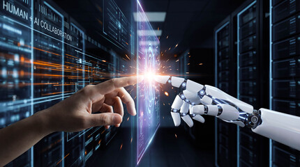 Artificial intelligence cooperation concept with human hand and robot hand touching digital screen future technology partnership innovation business background copy space cyber