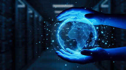 Global business connection concept with glowing digital world map hologram over human hands cooperation partnership international network future technology background copy space communication