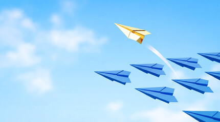 Leadership concept with one gold paper plane flying higher than blue ones success vision unique direction goal achievement motivation business background copy space path winner forward