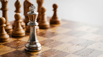 Business strategy planning concept with silver chess king standing against wooden pieces competition victory leadership goal achievement mission background copy space tactical move success