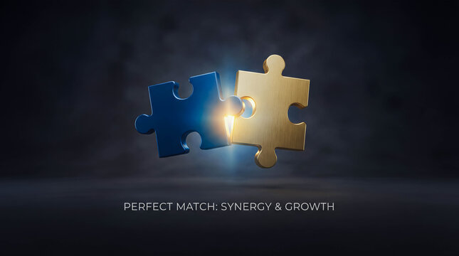 Partnership teamwork concept with two glowing puzzle pieces fitting together cooperation solution connection unity business success background copy space strategy match