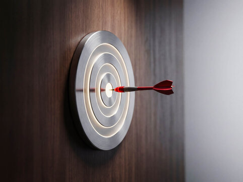 Business goal target concept with red arrow hitting center of dartboard success achievement precision mission objective motivation background copy space focus win performance