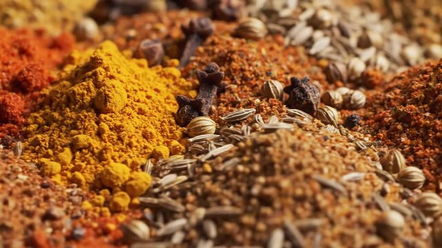 Close up view of various colorful spices and herbs for culinary purposes