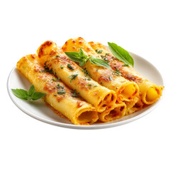 Baked cannelloni rolls with tomato sauce and fresh basil on a white plate
