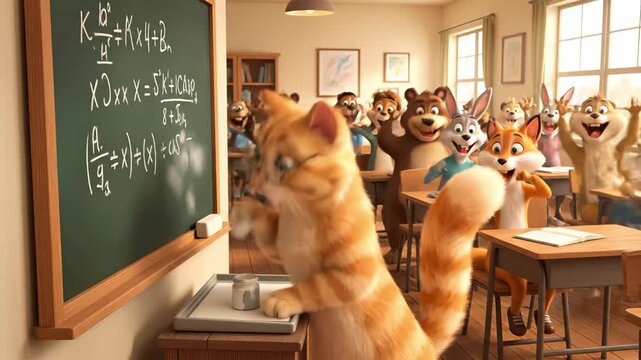 Animated orange cat with glasses enthusiastically teaches math in a classroom, engaging students of various animal species, showcasing a lively educational atmosphere