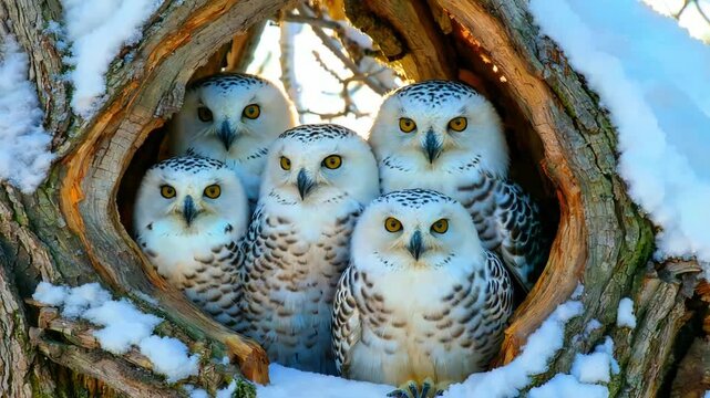 Five snow owls perched closely together inside a hollowed snowy tree trunk