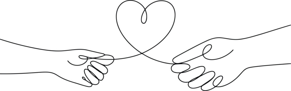 Two hands delicately hold a continuous black line forming a heart shape on a pristine white background
