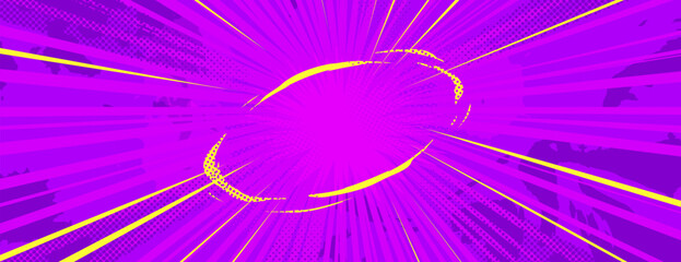 Anime explosion background with radial burst effect - vibrant purple and yellow comic book style. Dynamic speed lines radiating from center with halftone dot texture for manga action scenes.