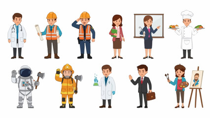 Collection of diverse professionals in various occupations and uniforms.