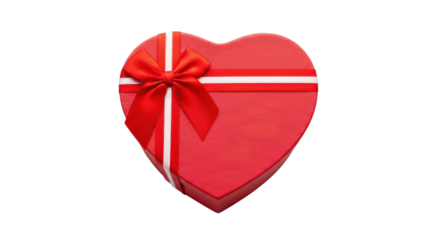 Red heart shaped gift box with white and red ribbon and bow image, Isolated On Png Transparent Background