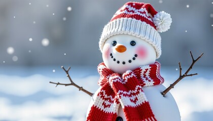 Adorable snowman with a cozy hat and scarf in snowy winter setting