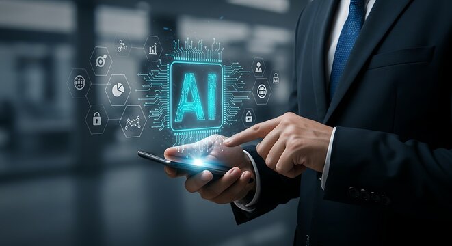 Digital transformation concept showing a man in a suit using AI technology on a phone to manage global data, security, and cloud computing - Powered by Adobe