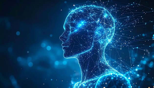 futuristic artificial intelligence human head with glowing neural network connections on blue background