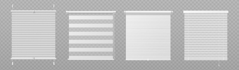 Obraz premium White window blinds set isolated on transparent background. Vector realistic illustration of textile and plastic window roller shades, office or home interior accessory, privacy curtain, door shutter