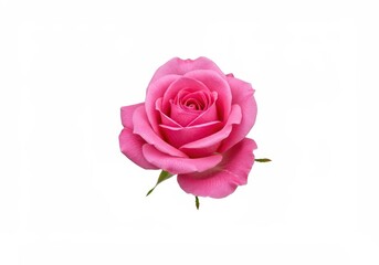 Fototapeta premium Beautiful solitary vibrant pink rose blossom centered perfectly against a clean, crisp, pure white empty background space ,thorn ,blank ,solitary