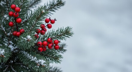 Festive winter holiday background featuring natural pine branches, red berries, and snow texture perfect for seasonal greeting cards or congratulations ,frost ,background ,snow
