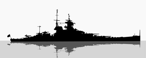 Vector illustration of a World War II warship silhouette against a white background, reflected in water. Perfect for your designs, reflecting the power and beauty of the navy. © Сергей Вербовский