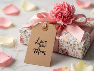Decorative box with flower and love message surrounded by petals, present styling creates tenderness, present emotion suits mothers day ads, family values storytelling and lifestyle branding