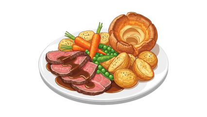 A classic sunday roast dinner featuring tender beef, golden yorkshire pudding, and roasted vegetables isolated on transparent background