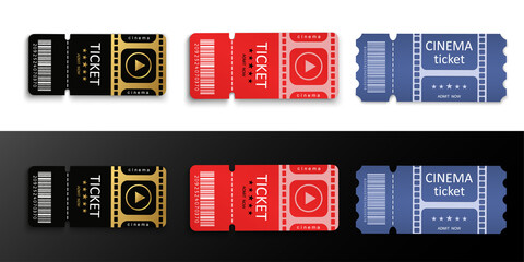 Light cinema tickets &ndash; colorful movie admission vouchers with glowing light edges, vector style set, PNG with transparent background.