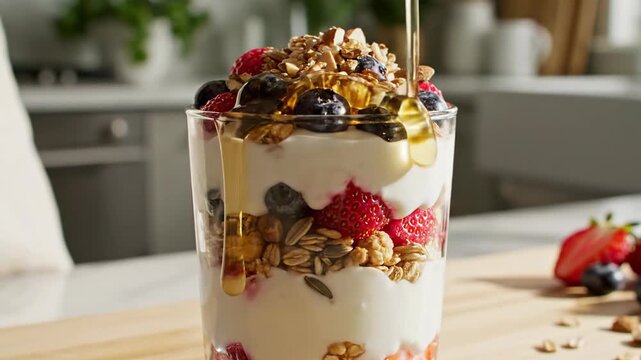 Layered yogurt parfait with fresh berries and granola in a clear glass