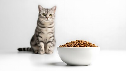 Focused white bowl of dry cat food with a blurred sitting tabby cat