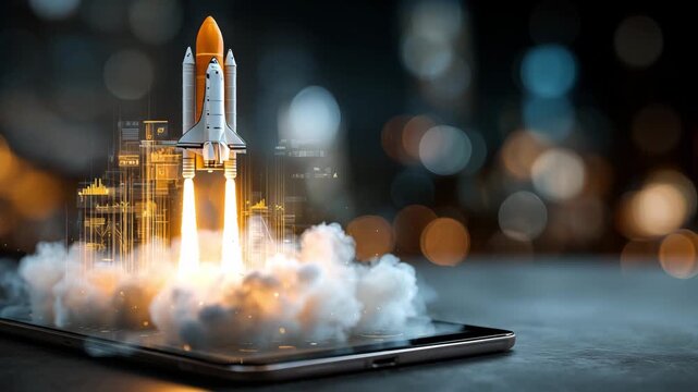 A rocket model launches above a digital tablet set against an urban skyline showcasing a blend of technology and space exploration