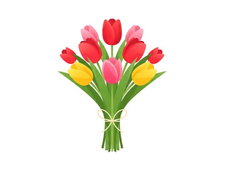 Flat vector bouquet of colorful tulips tied with ribbon on white background, bouquet illustration feels cheerful, bouquet graphic suits spring holidays and greeting card designs