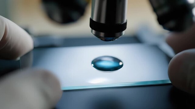 Close-up sequence of microscope focusing on a glass slide with a water droplet, showcasing the intricate details of magnification and scientific observation process