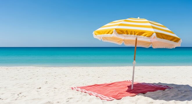 A vibrant yellow striped beach umbrella and red towel stand on a pristine white sandy shore, embodying the perfect Australian beach party concept for a tropical escape