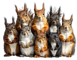 squirrel collection (red, brown grey, black), animal bundle isolated on a white background as transparent PNG