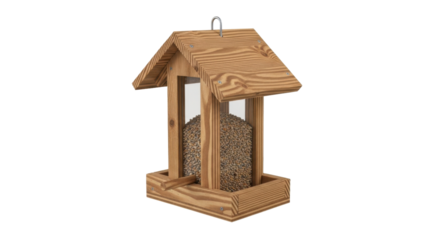 Wooden bird feeder filled with seeds on a black background image, Isolated On Png Transparent Background