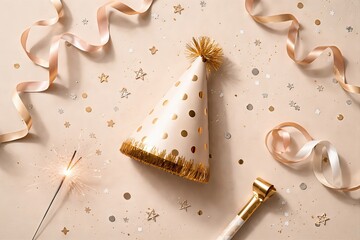 Festive celebration elements featuring a glittering party hat with gold polka dots surrounded by shiny ribbons sparkler and scattered confetti creating a joyful atmosphere of festivity and