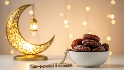 Ramadan decor with dates and crescent moon lamp
