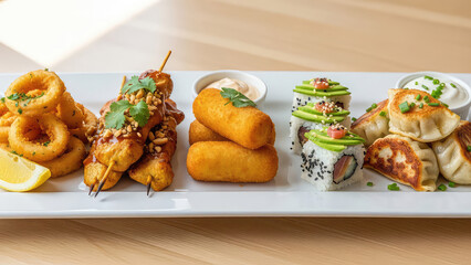 Assorted international appetizers on a white plate