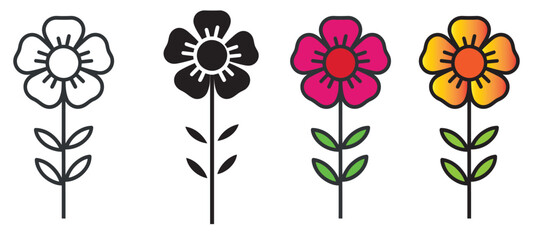 Obraz premium Four simple stylized flower icons depicting various design styles from outline to vibrant colors