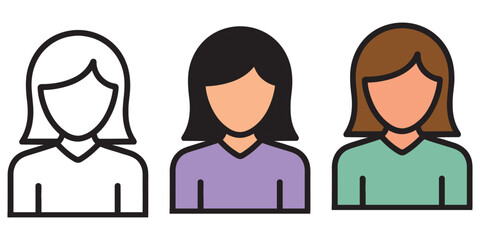 Fototapeta premium Three variations of female user profile icon showcasing outline, colored, and diverse hair styles