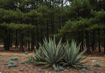 A striking ecological contrast: spiky agave succulents thriving beneath the canopy of tall, green coniferous pine trees ,spike, botanical, botany
