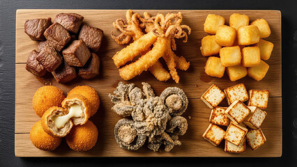 Fototapeta premium Assorted fried foods on wooden board, perfect for menu or advertisement