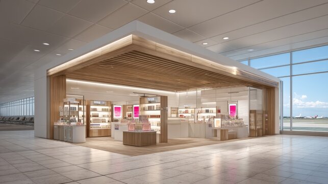 Modern Retail Space in Airport Terminal Featuring Bright Lighting and Stylish Shelves