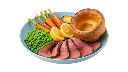 Classic sunday roast dinner featuring tender sliced beef, golden yorkshire pudding, and vibrant vegetables isolated on transparent background