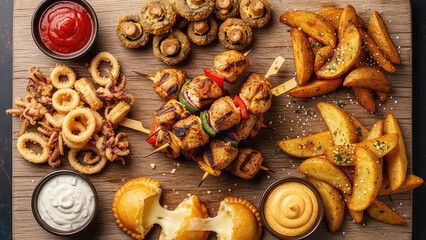 Fototapeta premium Delicious grilled skewers and fried appetizers on wooden board