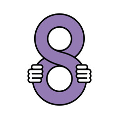 A stylized number 8 is held by two pairs of white hands against a white background.