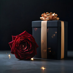 Red rose and gift box on dark background with warm lights, ideal for celebrating special occasions