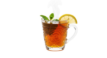 Hot amber tea in ornate glass mug with mint and lemon slice drink, Isolated On Png Transparent Background